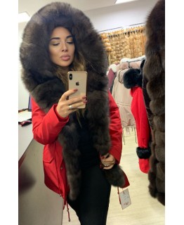 Хутряна червона парка, довжина 80 см арт. 3358